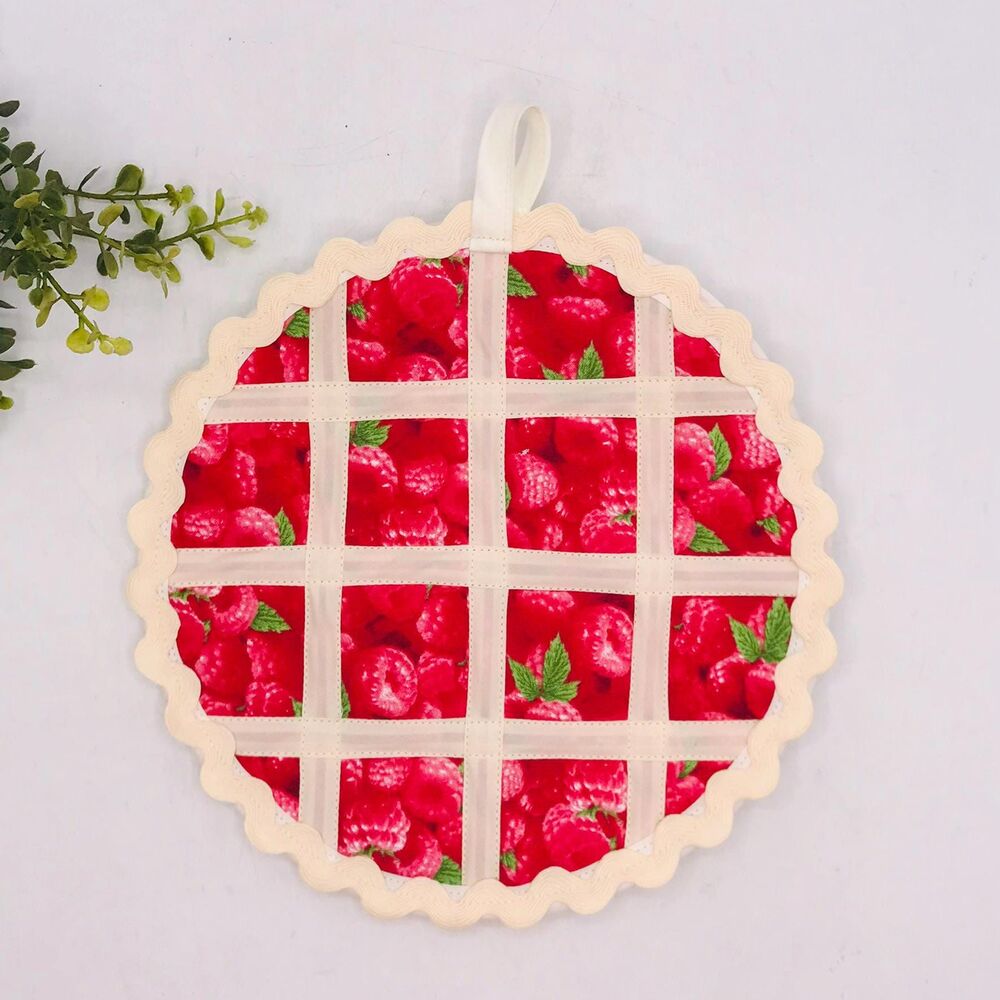 Pie Trivet Hotpad Red Raspberry Pie Red Cream Boho Cotton Machine Washable